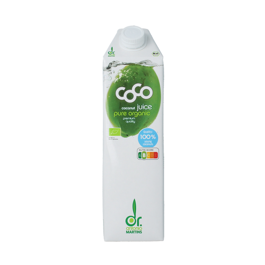 Dr. Antonio Martins Cocojuice bio 1L bottle with coconut juice, clear label, and cap, on a white background.