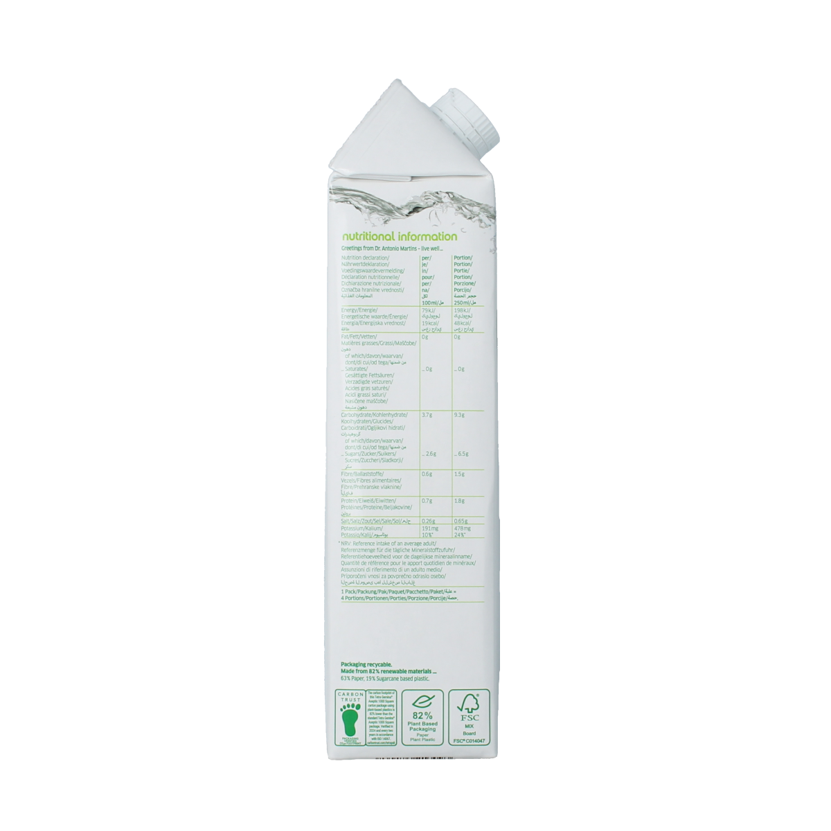 Bottle of Dr. Antonio Martins Cocojuice bio 1 liter, organic coconut juice in a clear plastic bottle with label.