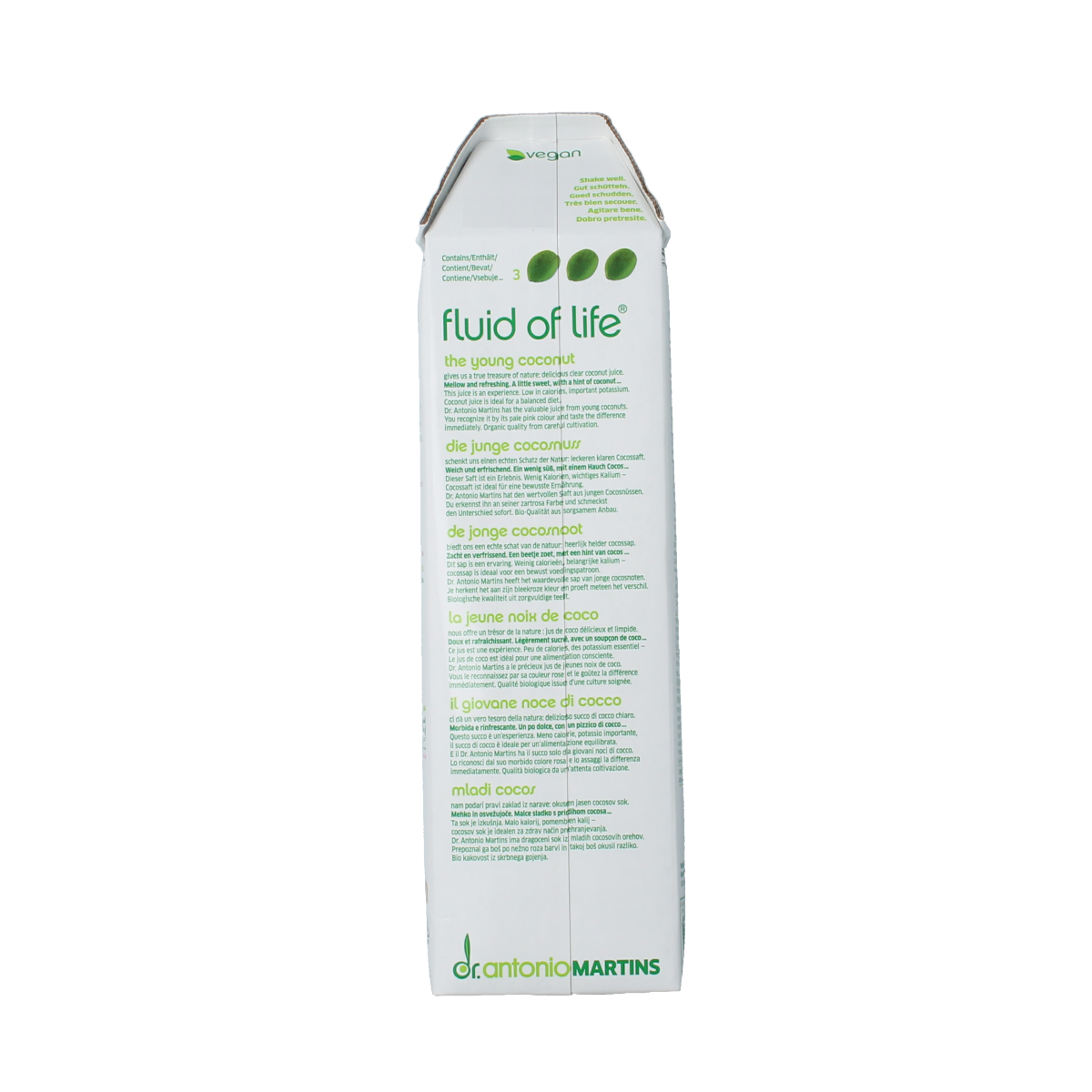 Bottle of Dr. Antonio Martins Cocojuice bio, organic coconut juice in a 1-liter container, with fresh coconut images on the label.