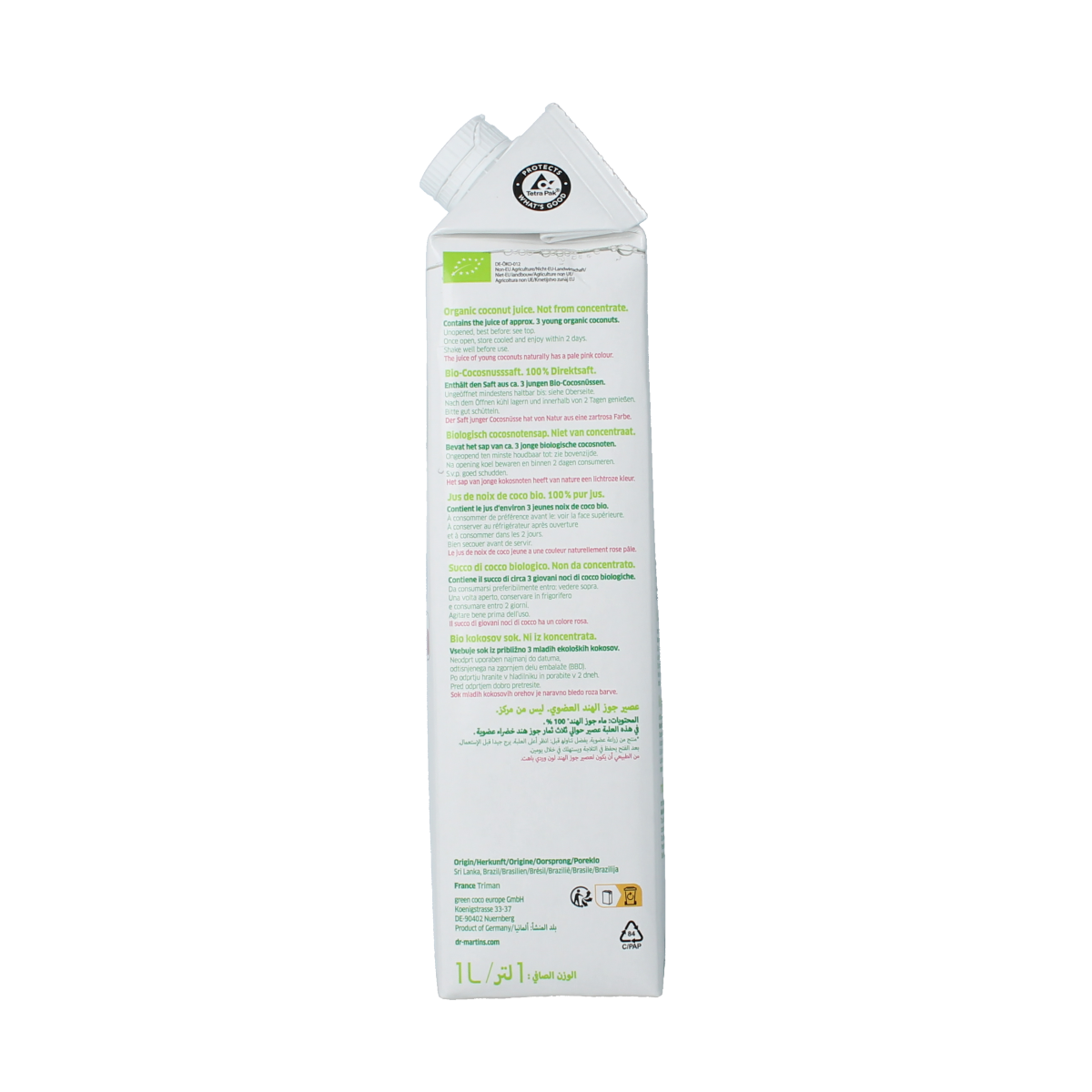 Bottle of Dr. Antonio Martins Cocojuice bio 1 liter, organic coconut juice in a clear plastic bottle with a label.