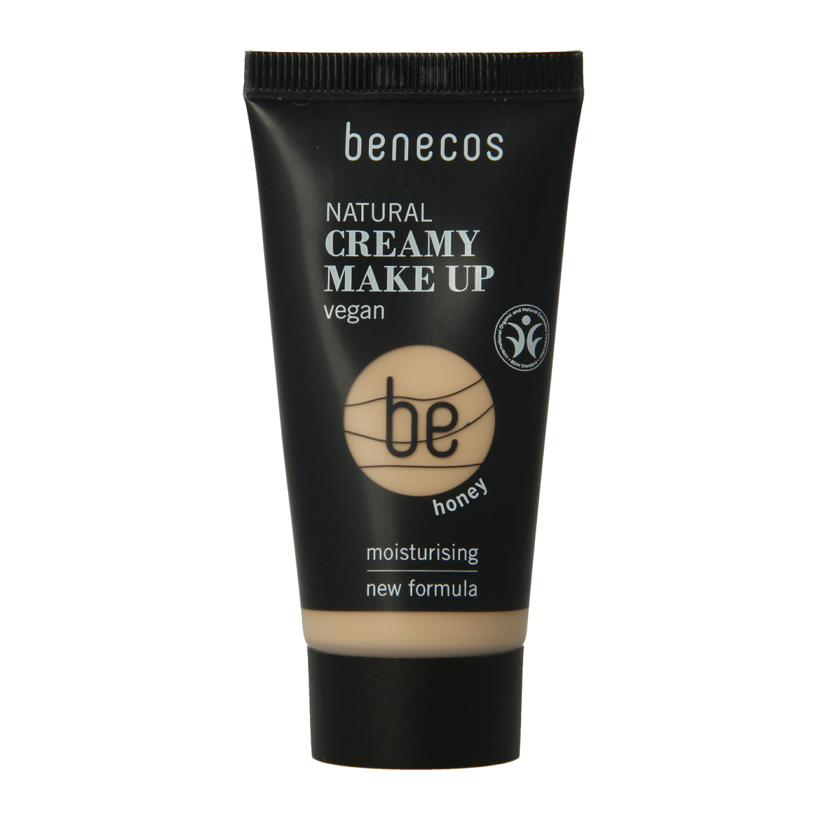 Benecos Natural Beauty creamy vegan foundation in honey shade, 30ml bottle with smooth makeup application