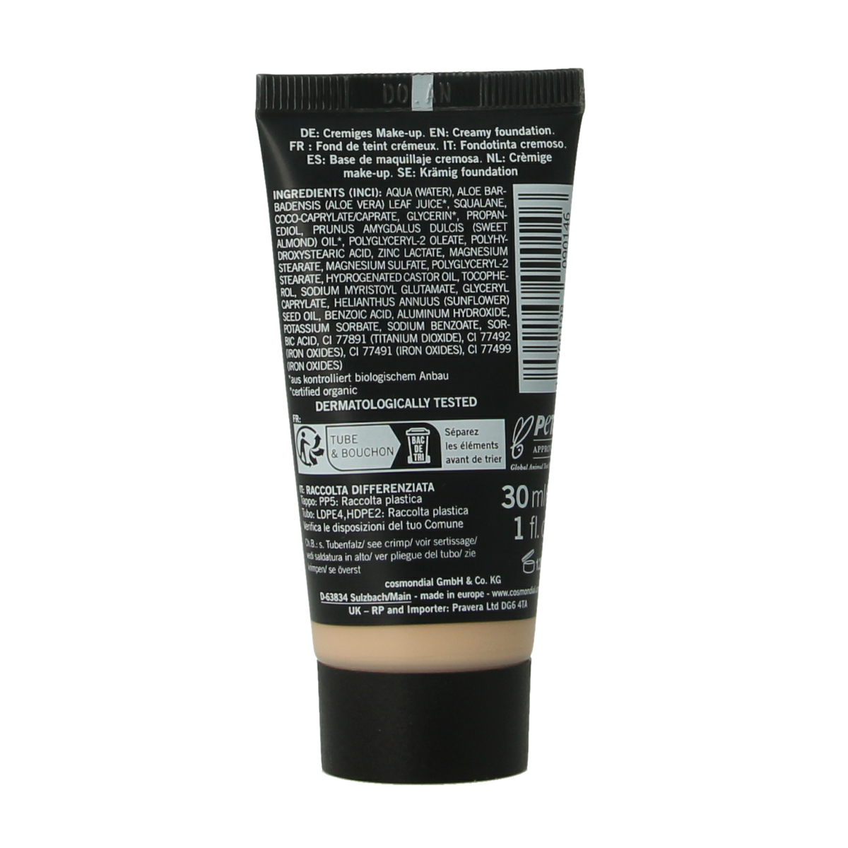 Benecos Natural Beauty creamy vegan makeup foundation in honey shade, 30ml tube, smooth and natural finish.