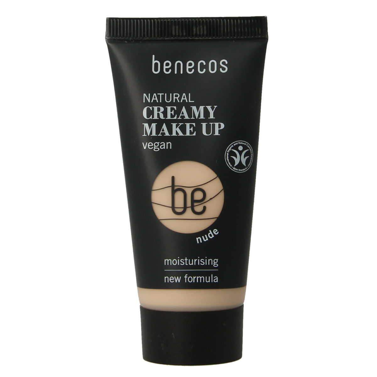 Benecos Natural Beauty creamy foundation in nude shade, 30ml, for natural makeup look, visible tube with product inside.