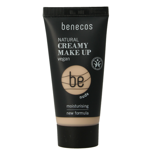 Benecos Natural Beauty creamy foundation in nude shade, 30ml, for natural makeup look, visible tube with product inside.