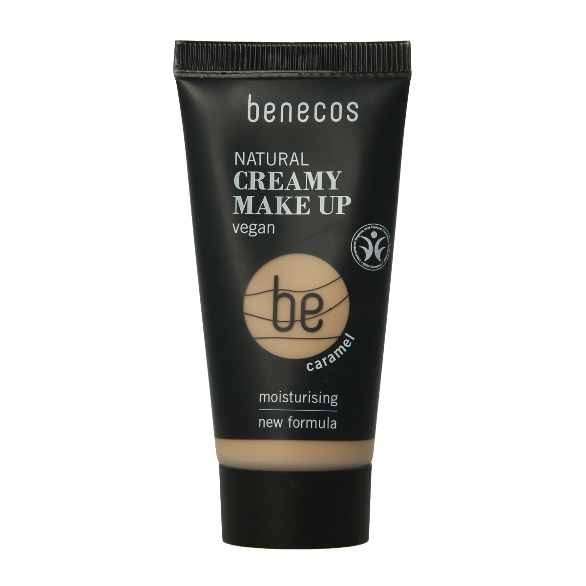 Benecos Natural Beauty creamy makeup foundation in caramel shade, 30ml bottle with smooth texture and natural finish.