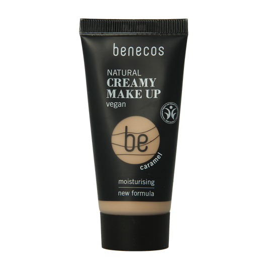 Benecos Natural Beauty creamy makeup foundation in caramel shade, 30ml bottle with smooth texture and natural finish.
