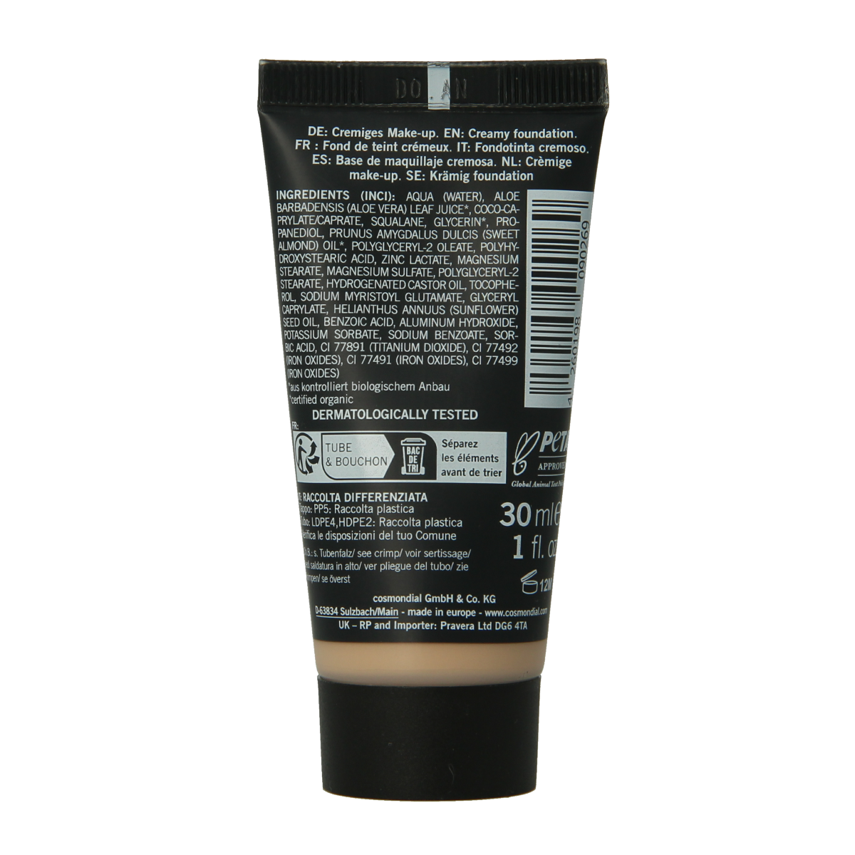 Benecos Natural Beauty creamy foundation in caramel shade, 30ml, with smooth, even texture visible on the product container.