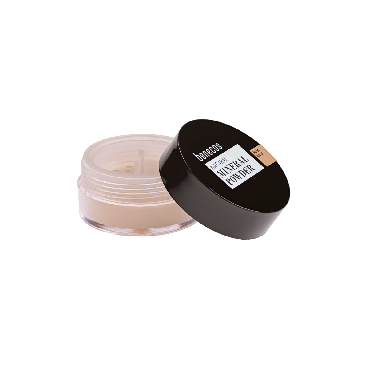 Benecos Natural Beauty loose mineral powder in Light Sand, 6g, with open container showing fine beige makeup powder.