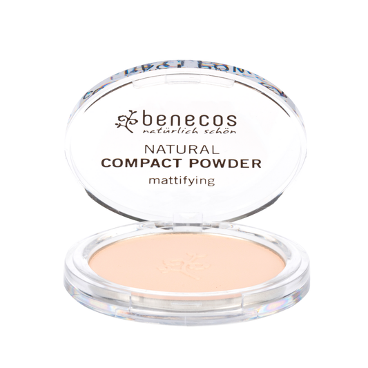Benecos Natural Beauty compact powder in porcelain shade, 9g, for natural makeup finish, shown in its open container.