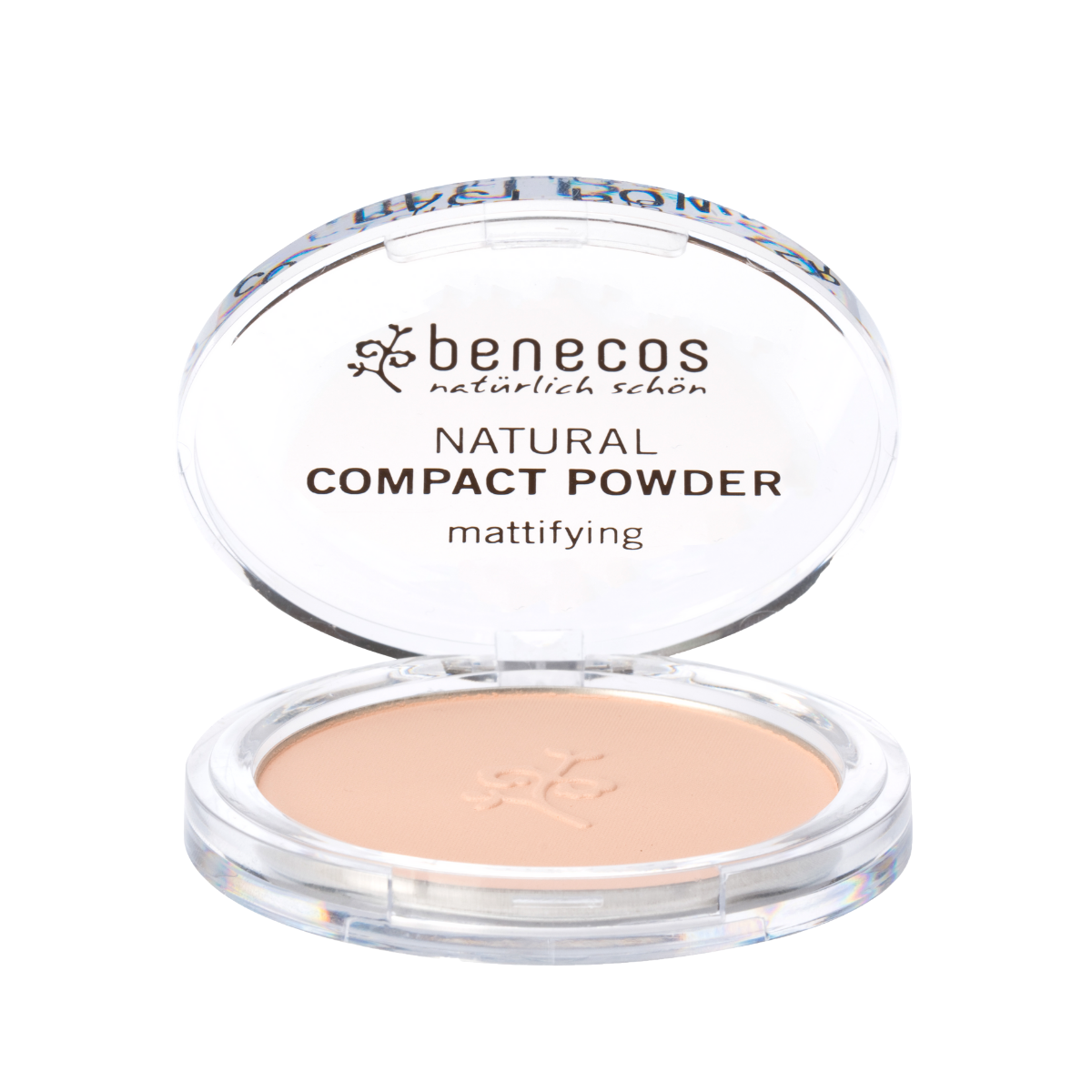 Benecos Natural Beauty compact powder in shade Sand, 9g, with open powder case showing smooth, natural finish makeup.