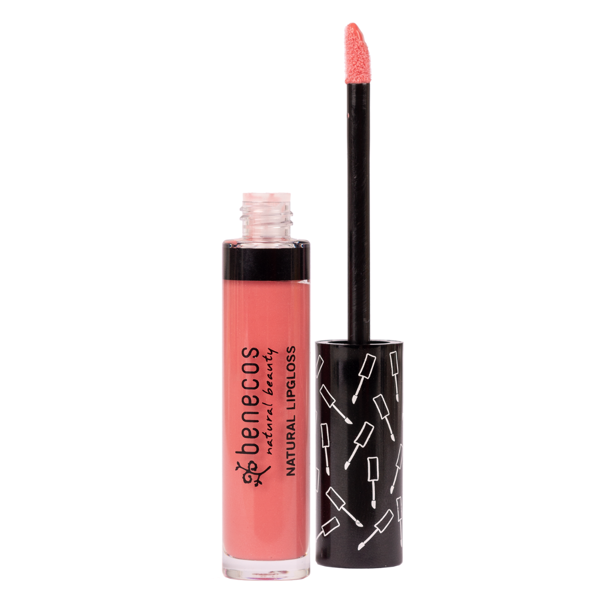 Benecos Natural Beauty flamingo lipgloss in 5ml, glossy pink makeup product with a clear tube and applicator brush.