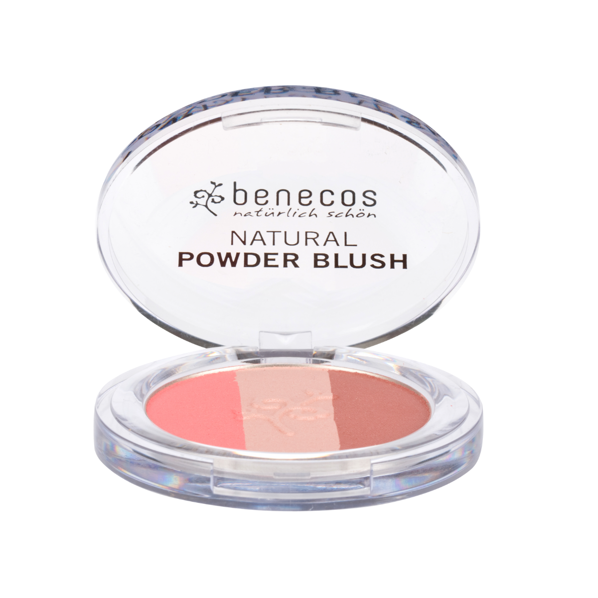 Benecos Natural Beauty compact blush trio in fall in love with shades of pink, peach, and bronze for a natural makeup look.
