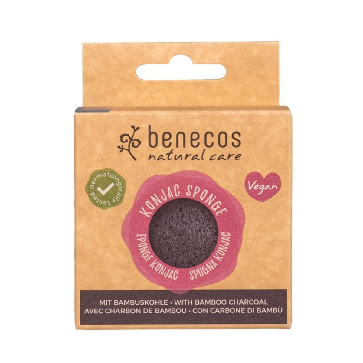 Benecos natural beauty black bamboo konjac sponge for gentle facial cleansing, natural skincare tool.
