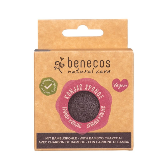 Benecos natural beauty black bamboo konjac sponge for gentle facial cleansing, natural skincare tool.
