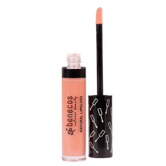 Benecos Natural Beauty lip gloss in 5ml, showcasing a shiny, natural makeup look with clear packaging and applicator brush.
