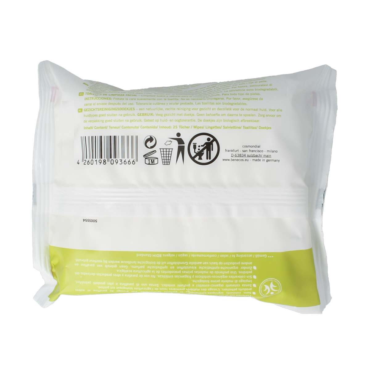 Benecos Natural Beauty vegan facial cleansing wipes, 25 count, soft fabric with gentle cleansing ingredients for healthy skin