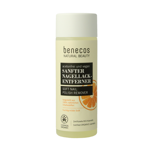 Benecos Natural Beauty vegan nail polish remover in 125ml bottle, plant-based formula for gentle nail and cuticle care.