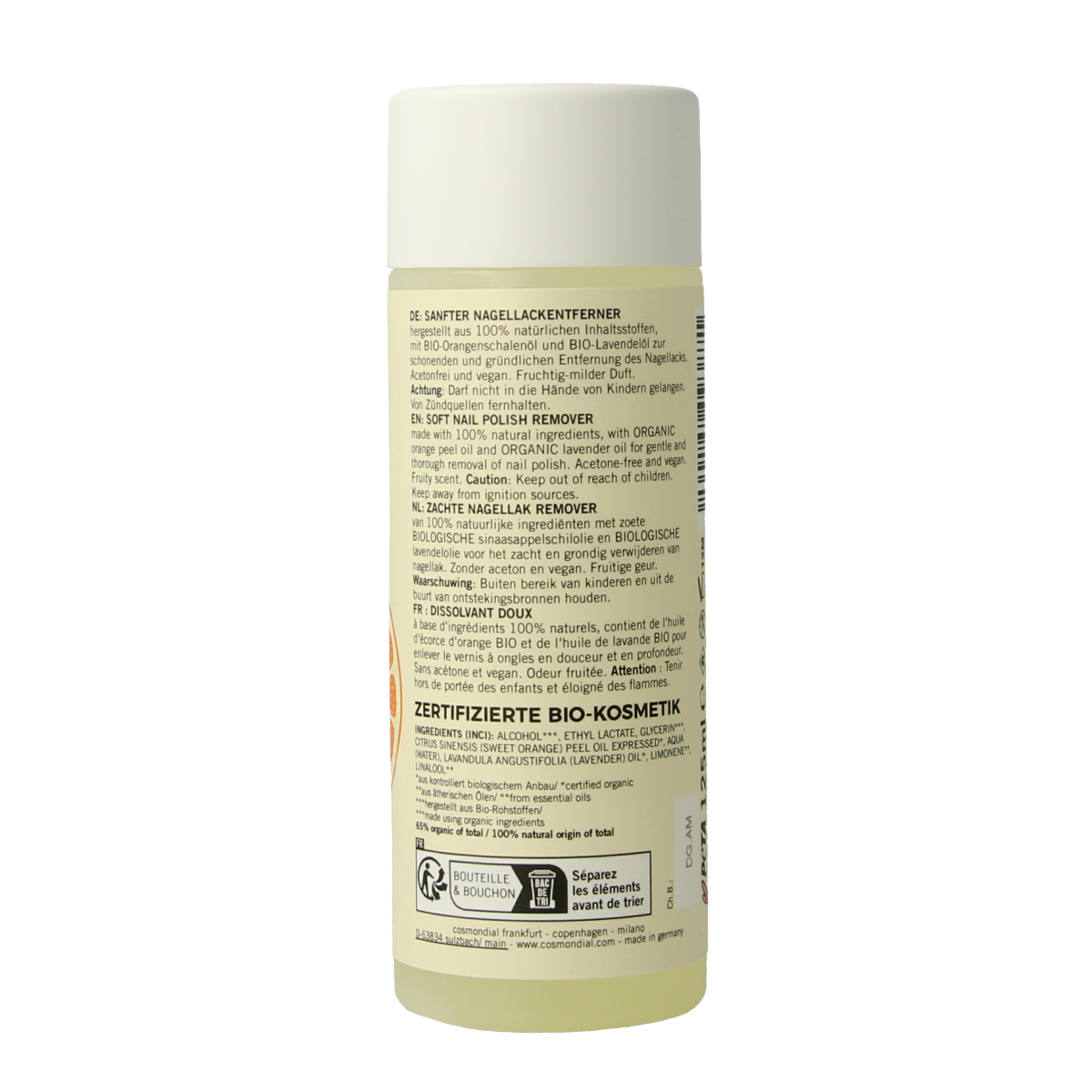 Benecos Natural Beauty vegan nail polish remover in 125ml bottle, plant-based make-up remover for nails and cuticles.