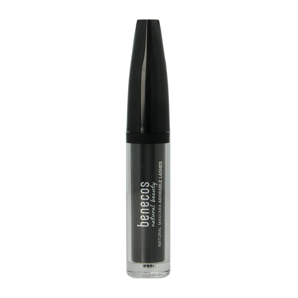 Benecos Natural Beauty mascara with deep ocean shade, showing the 5.5ml tube and a close-up of the mascara wand.