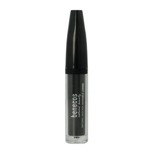 Benecos Natural Beauty mascara with deep ocean shade, showing the 5.5ml tube and a close-up of the mascara wand.