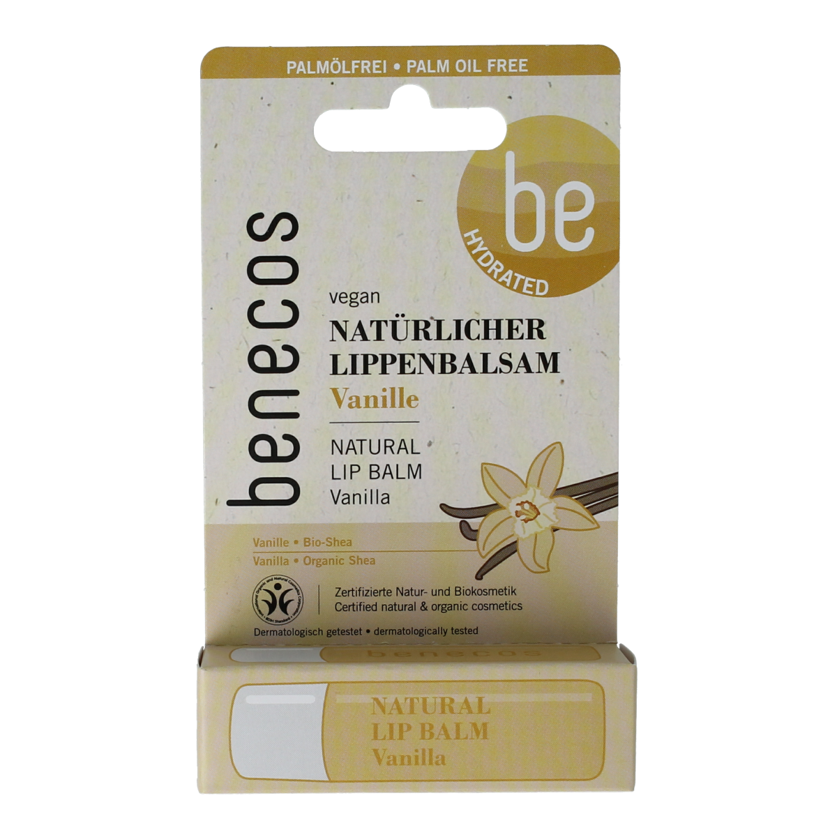 Benecos Natural Beauty vanilla lip balm in box, moisturizing lip care product with natural ingredients in a sleek packaging.