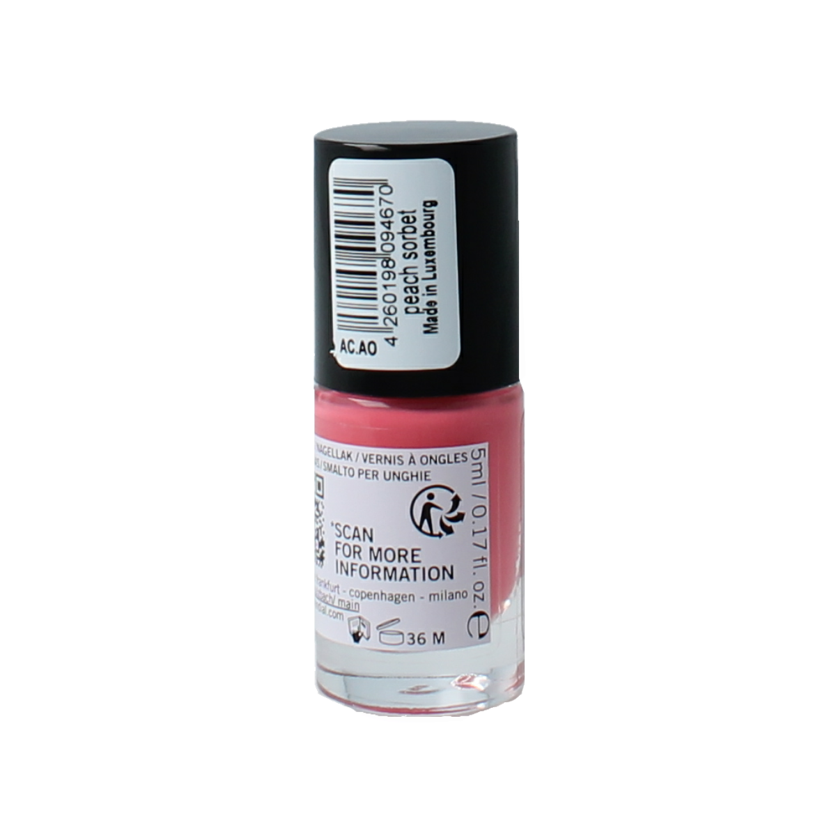 Benecos Natural Beauty vegan peach sorbet nail polish in 20-free, plant-based formula, 5ml bottle for natural make-up.