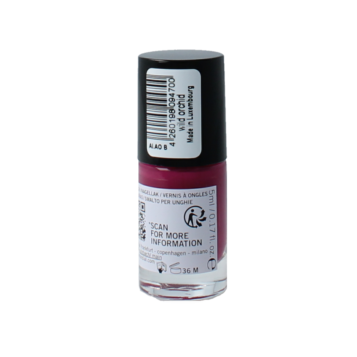 Benecos Natural Beauty vegan nail polish in Wild Orchid, 20-free, plant-based makeup with a 5ml bottle showing the vibrant purple color.