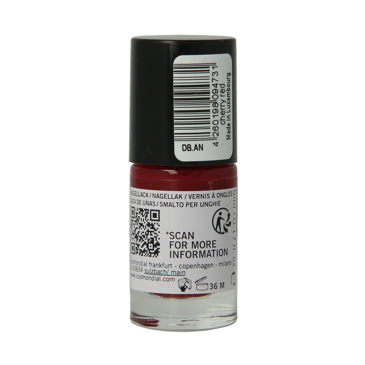 Benecos Natural Beauty vegan cherry red nail polish in 20-free, plant-based formula, 5ml bottle for make-up and nail care.