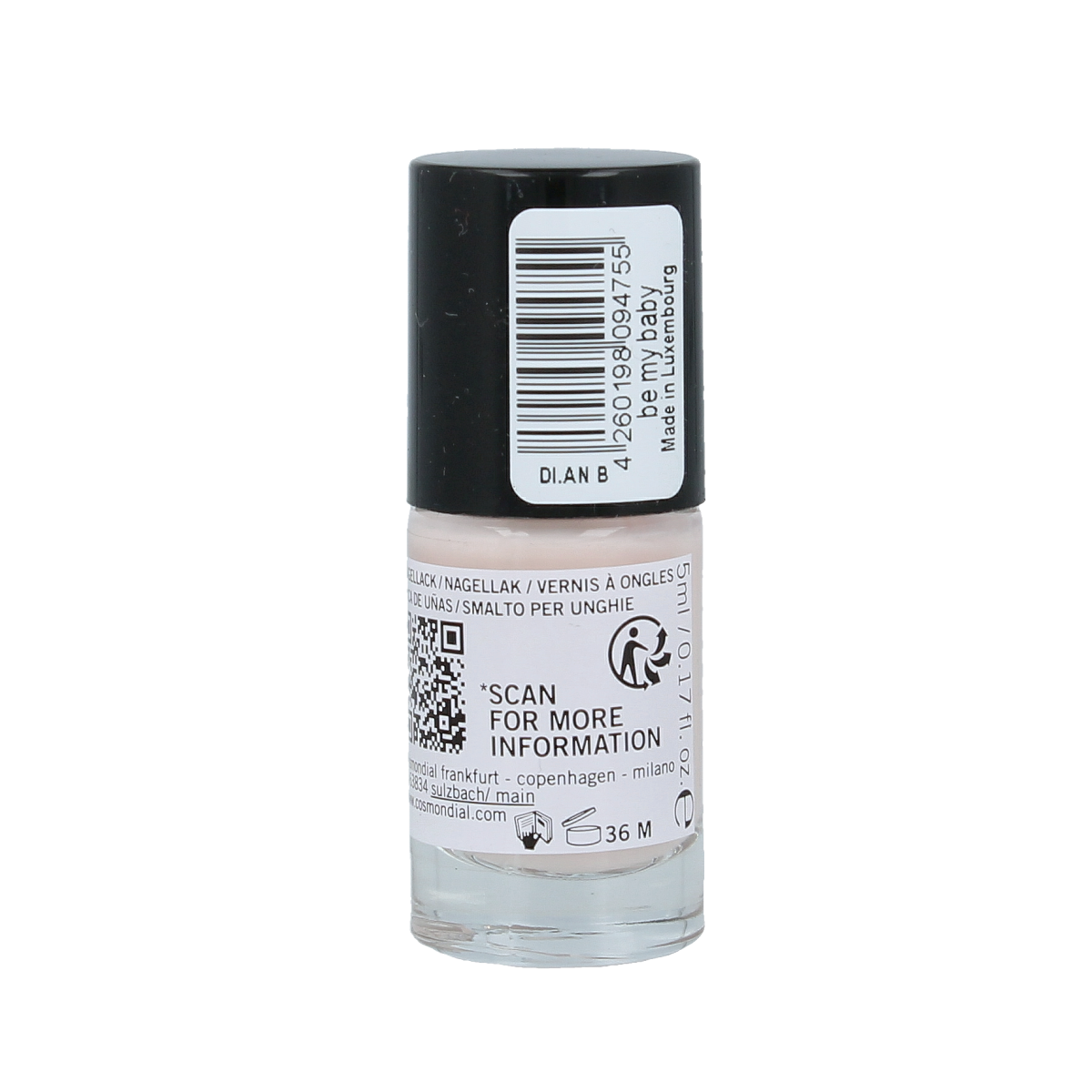 Benecos Natural Beauty vegan nail polish in Be My Baby, 20-free, plant-based makeup product, showing the 5ml bottle and packaging.