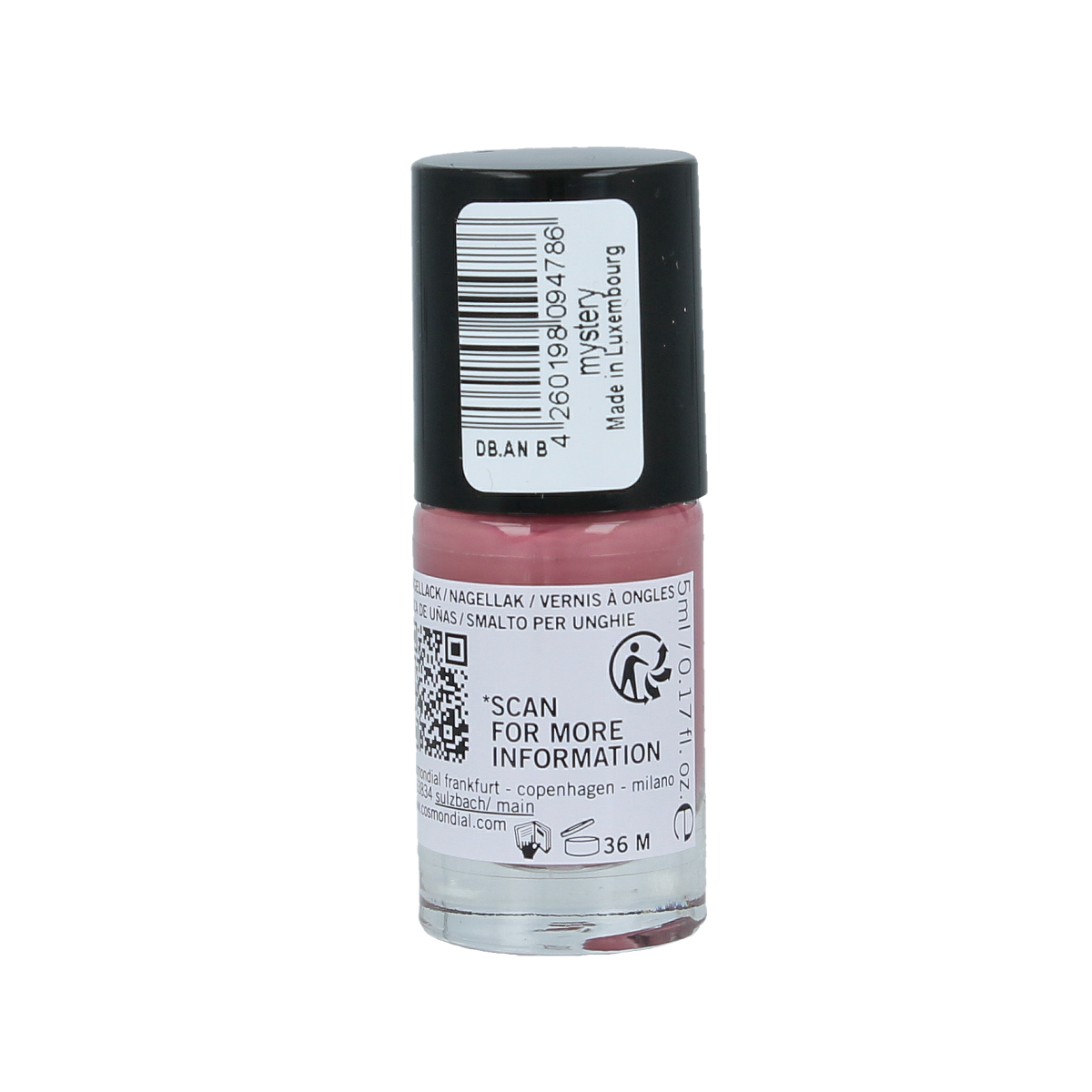 Benecos Natural Beauty vegan nail polish bottle in shade mystery, 20-free plant-based makeup, 5ml size, with colorful cap