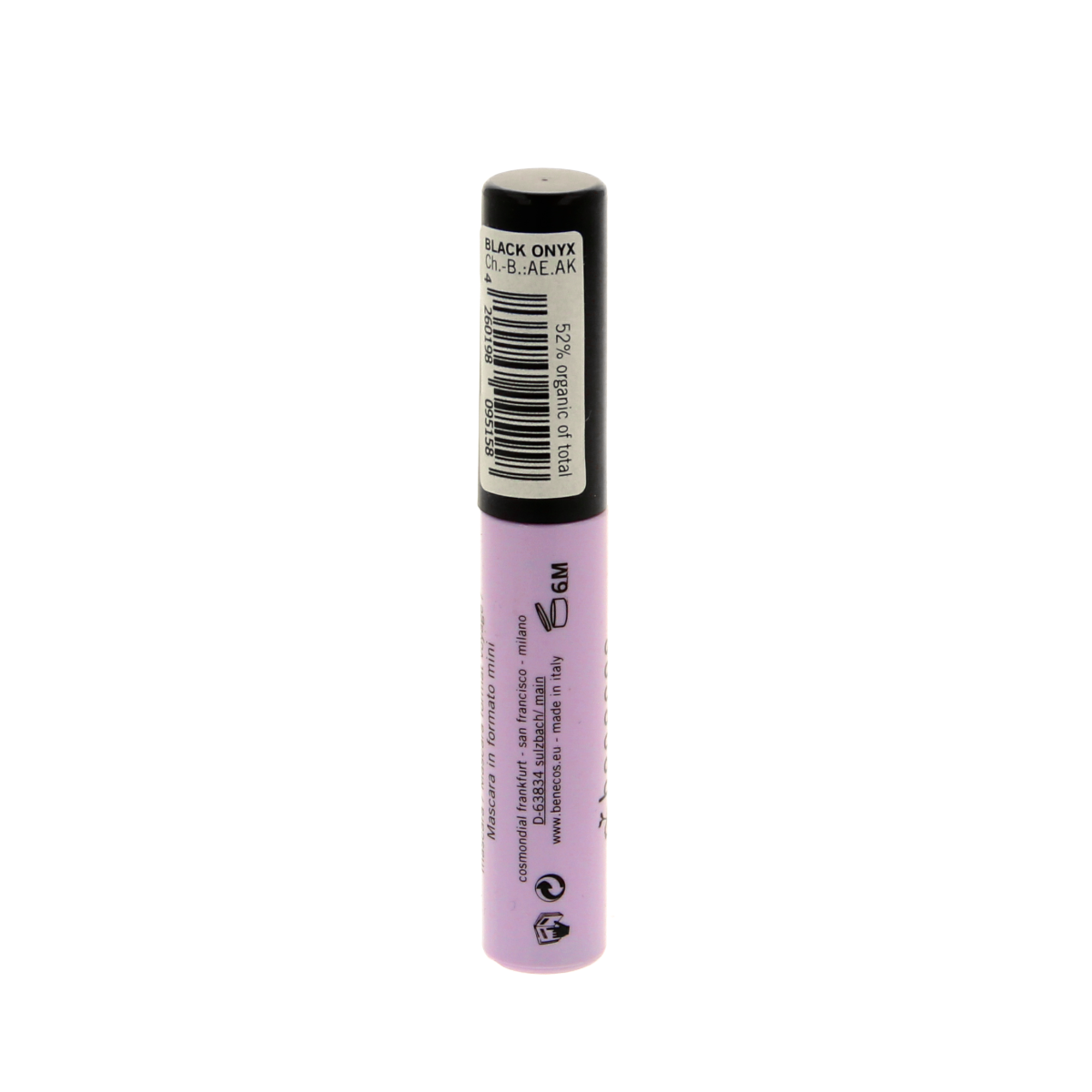 Benecos Natural Beauty mascara in black onyx, fun size makeup product with a sleek mascara tube and applicator brush.