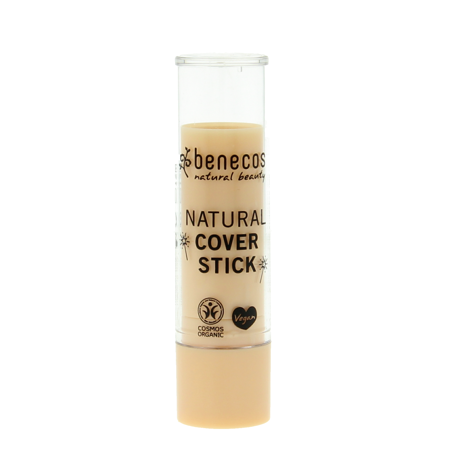 Benecos Natural Beauty coverstick in beige 1.00, featuring a makeup product with the stick partially extended and the packaging visible.