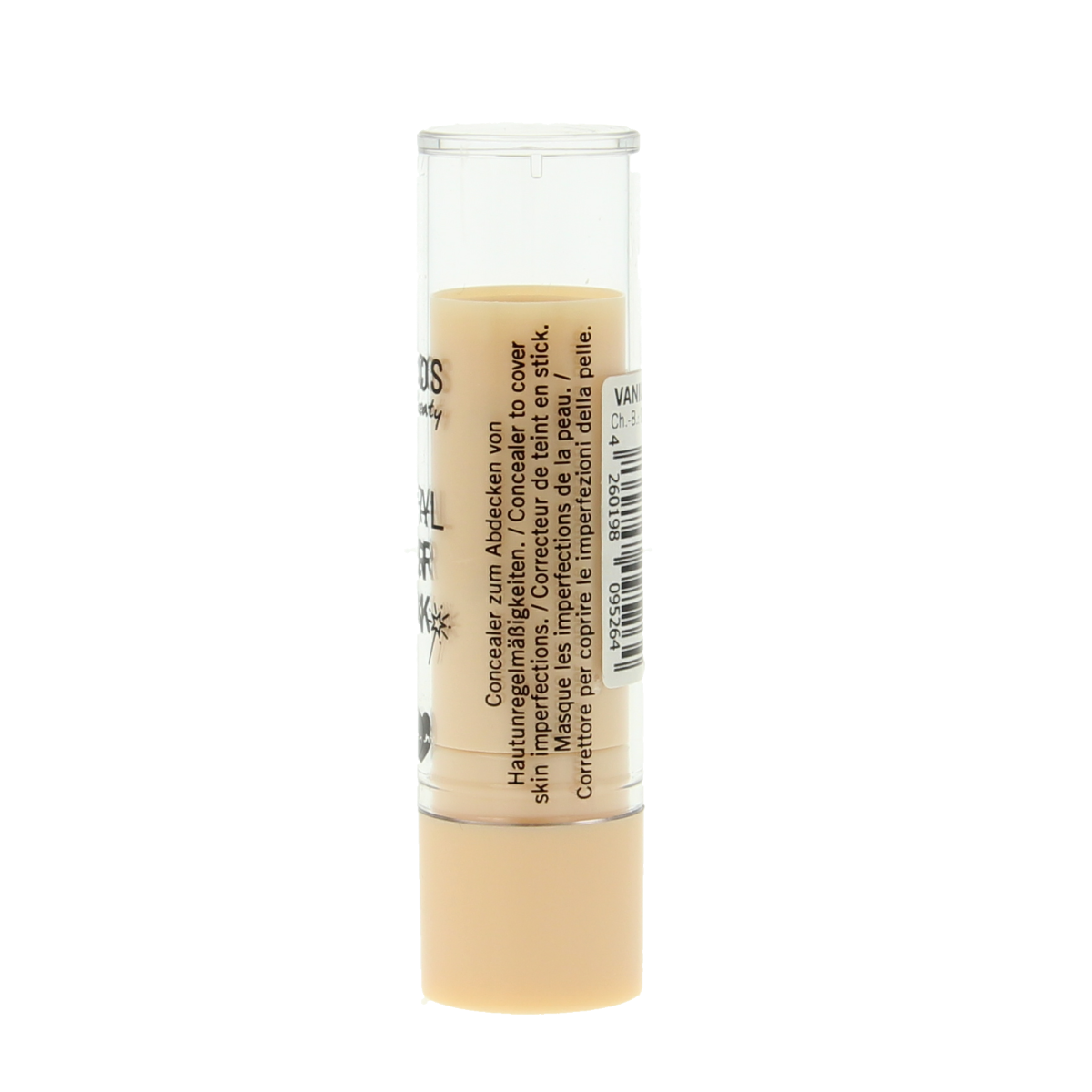 Benecos natural beauty coverstick in vanilla shade, makeup stick for blemish coverage, displayed with packaging on a neutral background.