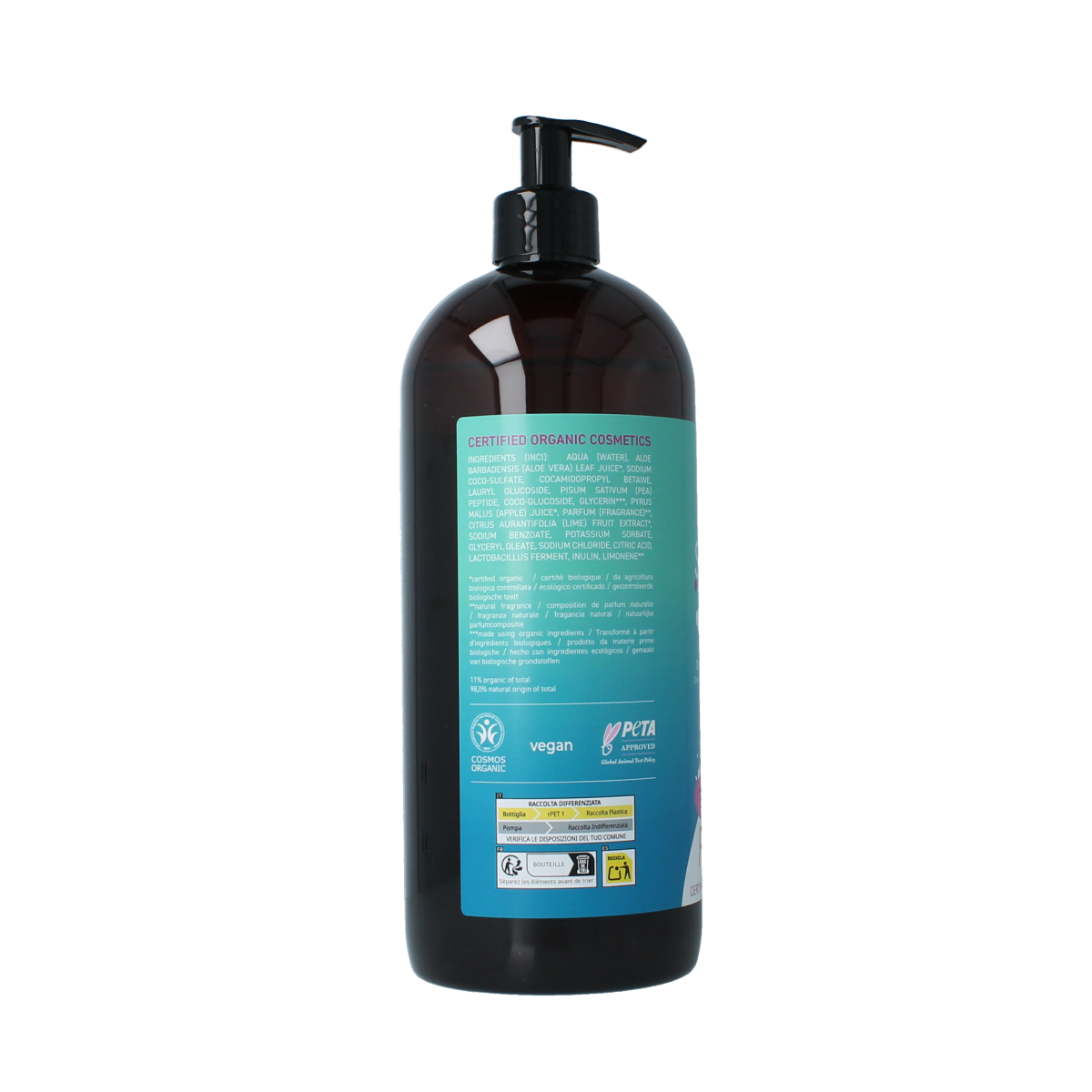 Benecos natural beauty shampoo freshness adventure 950ml, hair care product with a refreshing formula, shown in a clear bottle.