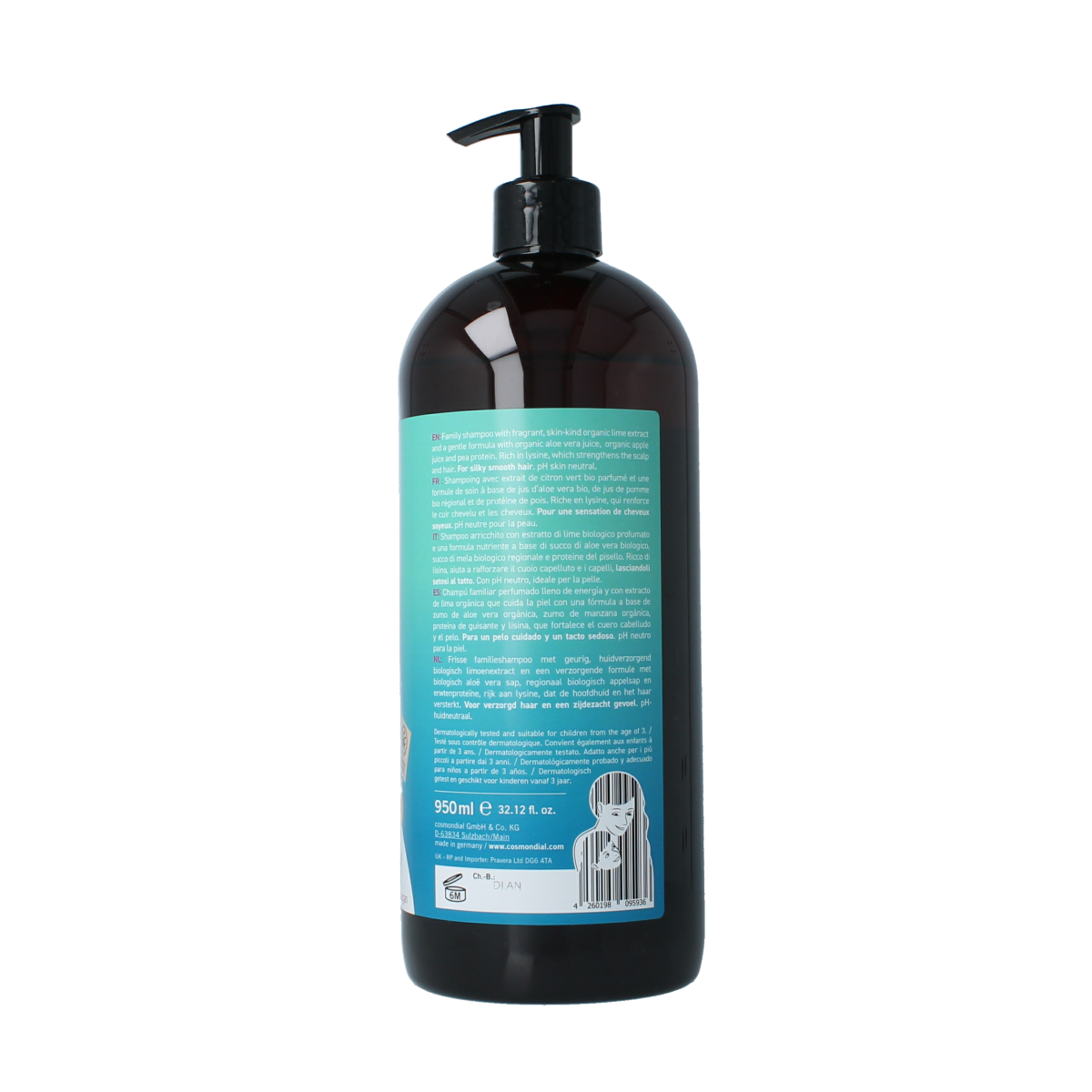 Benecos Natural Beauty freshness adventure shampoo bottle for hair care, 950ml, with a colorful label featuring natural ingredients.