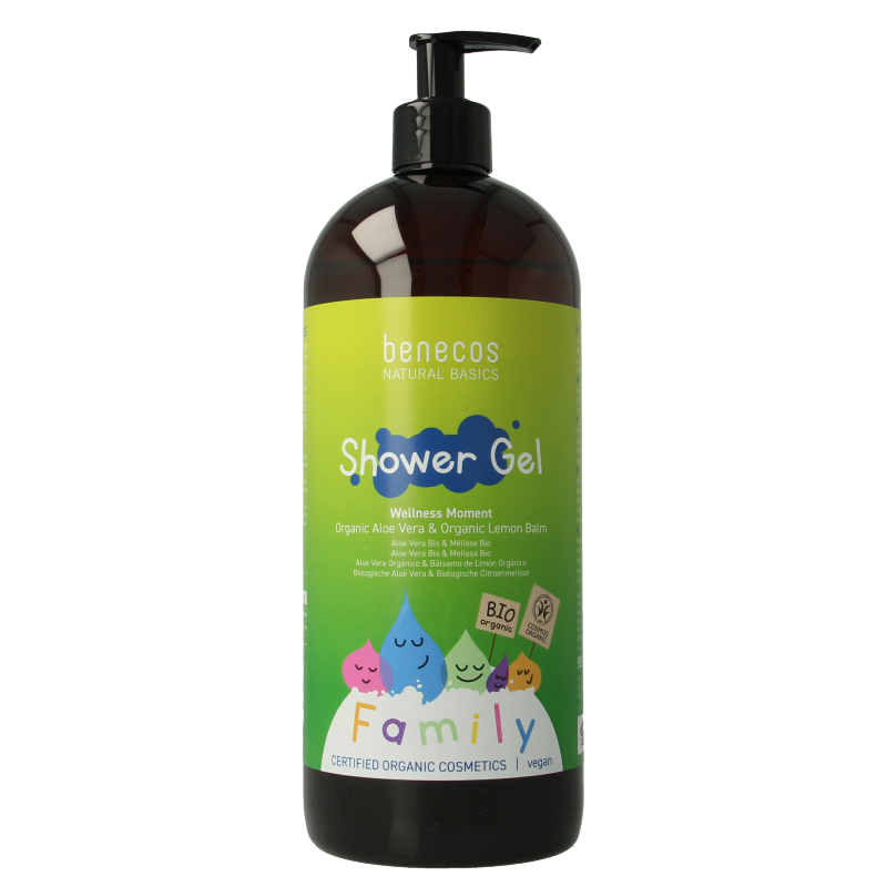 Benecos Natural Beauty showergel for family size, 950ml, in a clear bottle with a white cap, suitable for gentle hair and body cleansing.