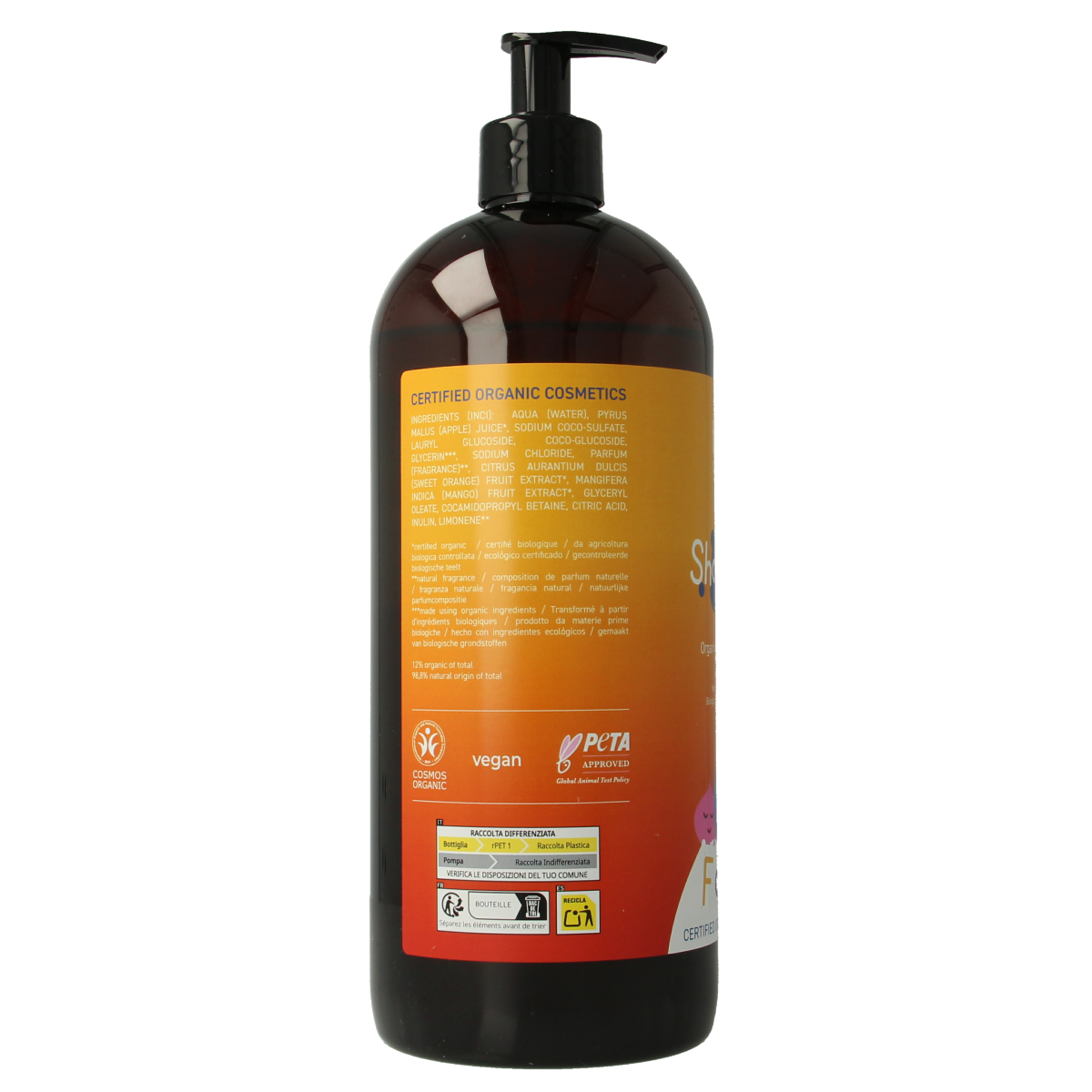 Benecos Natural Beauty fruity shower gel in a large 950ml bottle, ideal for family use, with colorful fruit-themed packaging.