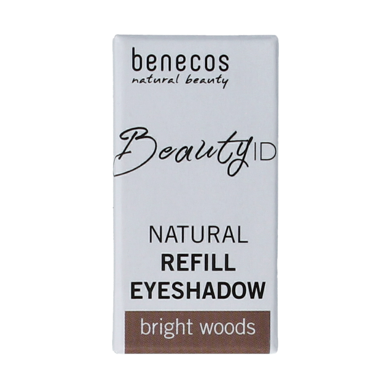 Benecos Natural Beauty refill eyeshadow in Bright Woods, showing a compact eyeshadow palette with earthy brown shades.