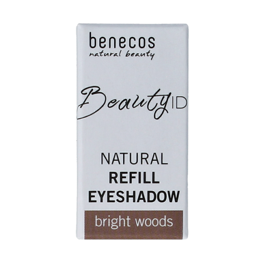 Benecos Natural Beauty refill eyeshadow in Bright Woods, showing a compact eyeshadow palette with earthy brown shades.