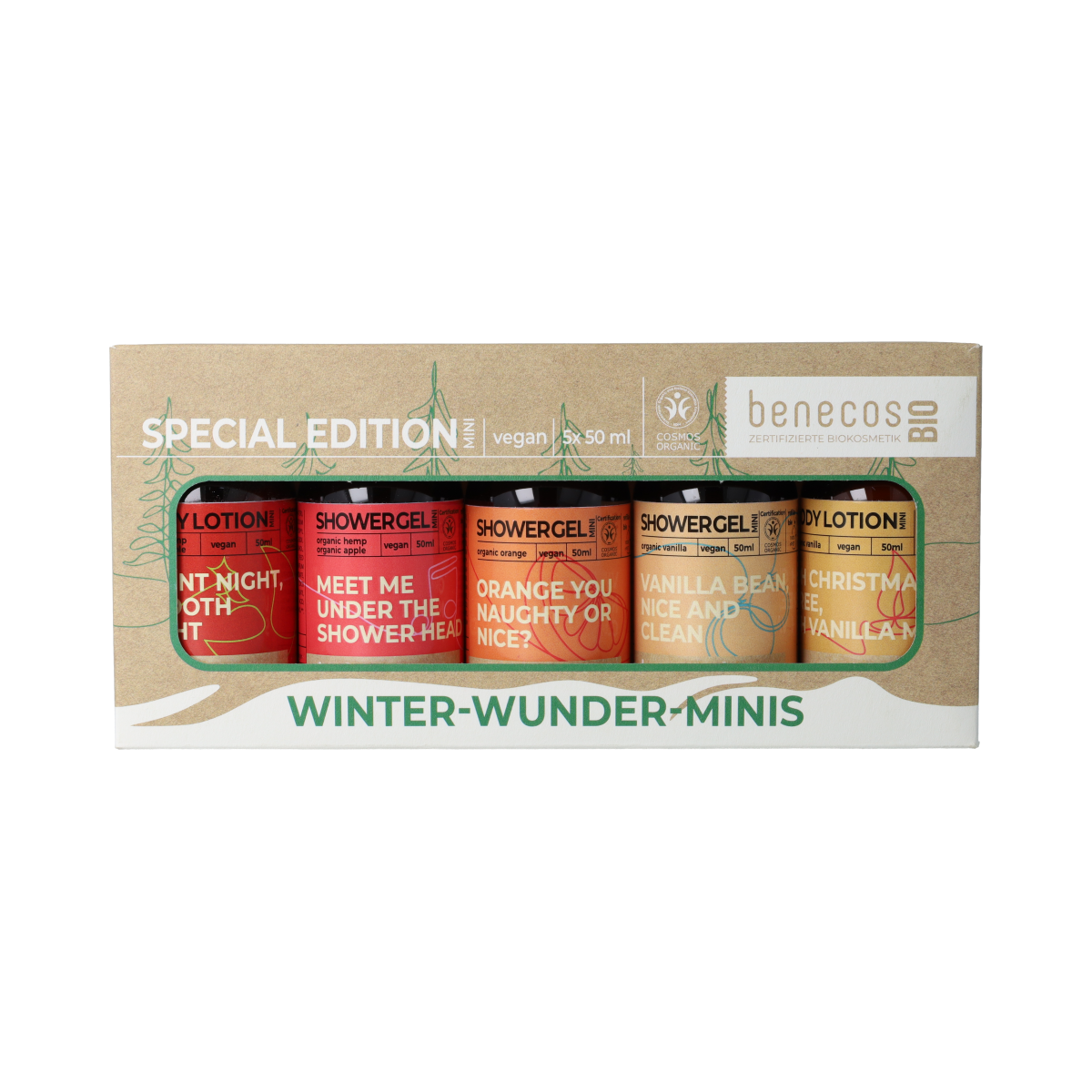 Benecos Natural Beauty Winter Wonder Mini Set of 5 bio bath and shower products, featuring natural ingredients and festive packaging.