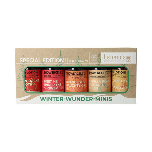 Benecos Natural Beauty Winter Wonder Mini Set of 5 bio bath and shower products, featuring natural ingredients and festive packaging.
