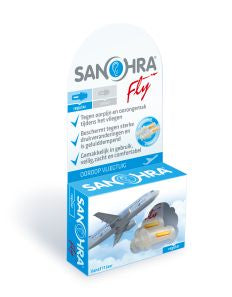 Sanohra airplane earplugs for adults, regular size, providing hearing protection during flights, shown in the image.
