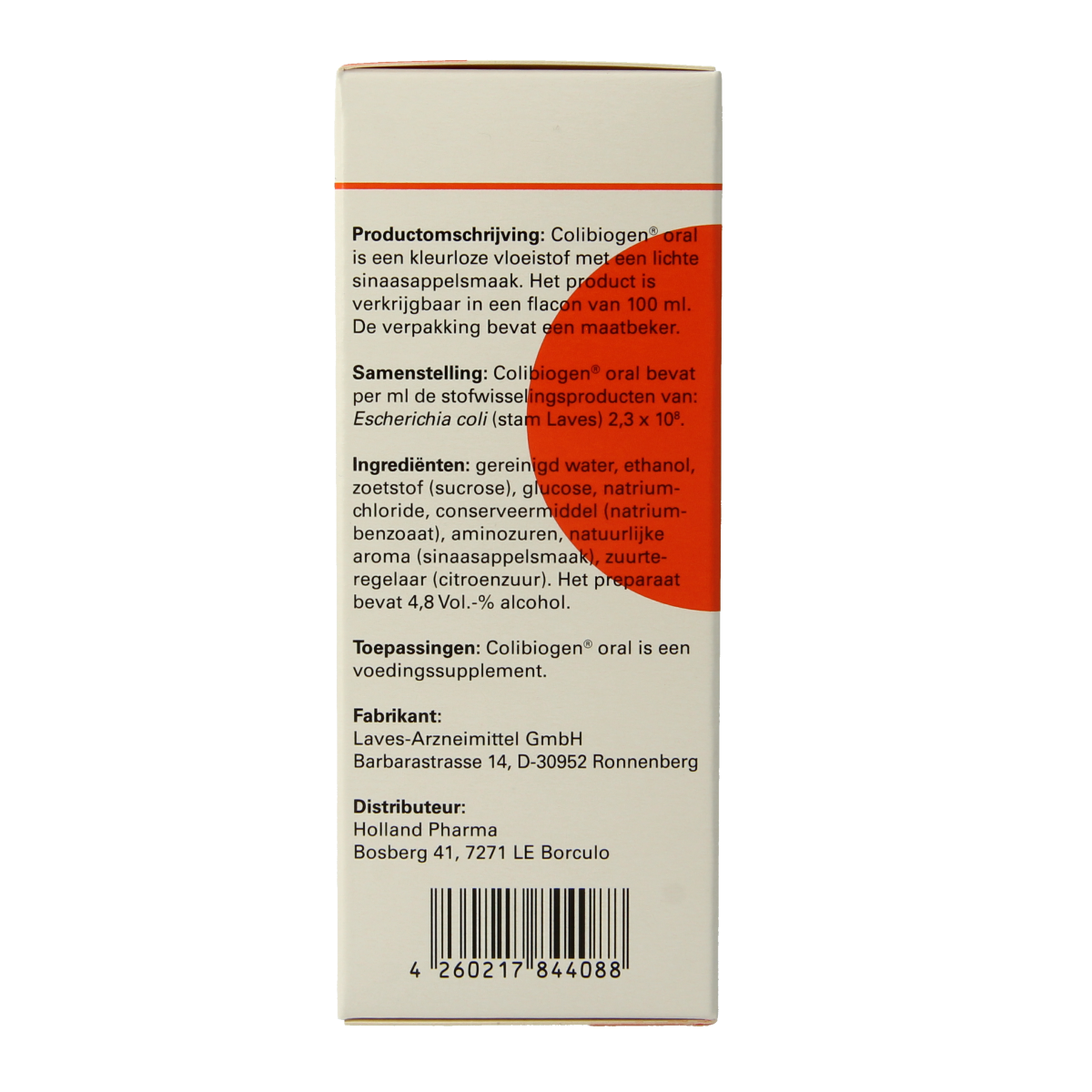 Laves Colibiogen oral liquid, 100ml bottle, containing beneficial micro-organisms for gut health, shown in the image.