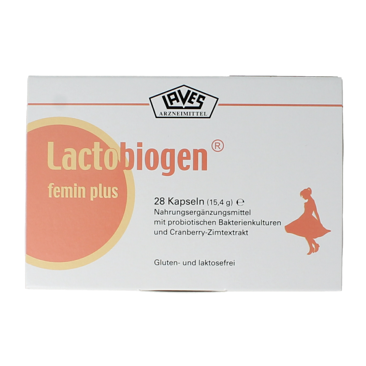 Laves Lactiobiogen Feminin Plus probiotic capsules with micro-organisms in a white bottle, labeled as 28 capsules.