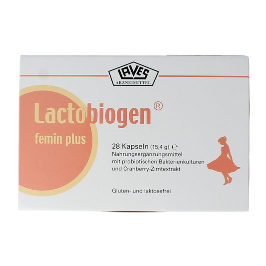 Laves Lactiobiogen Feminin Plus probiotic capsules with micro-organisms in a white bottle, labeled as 28 capsules.