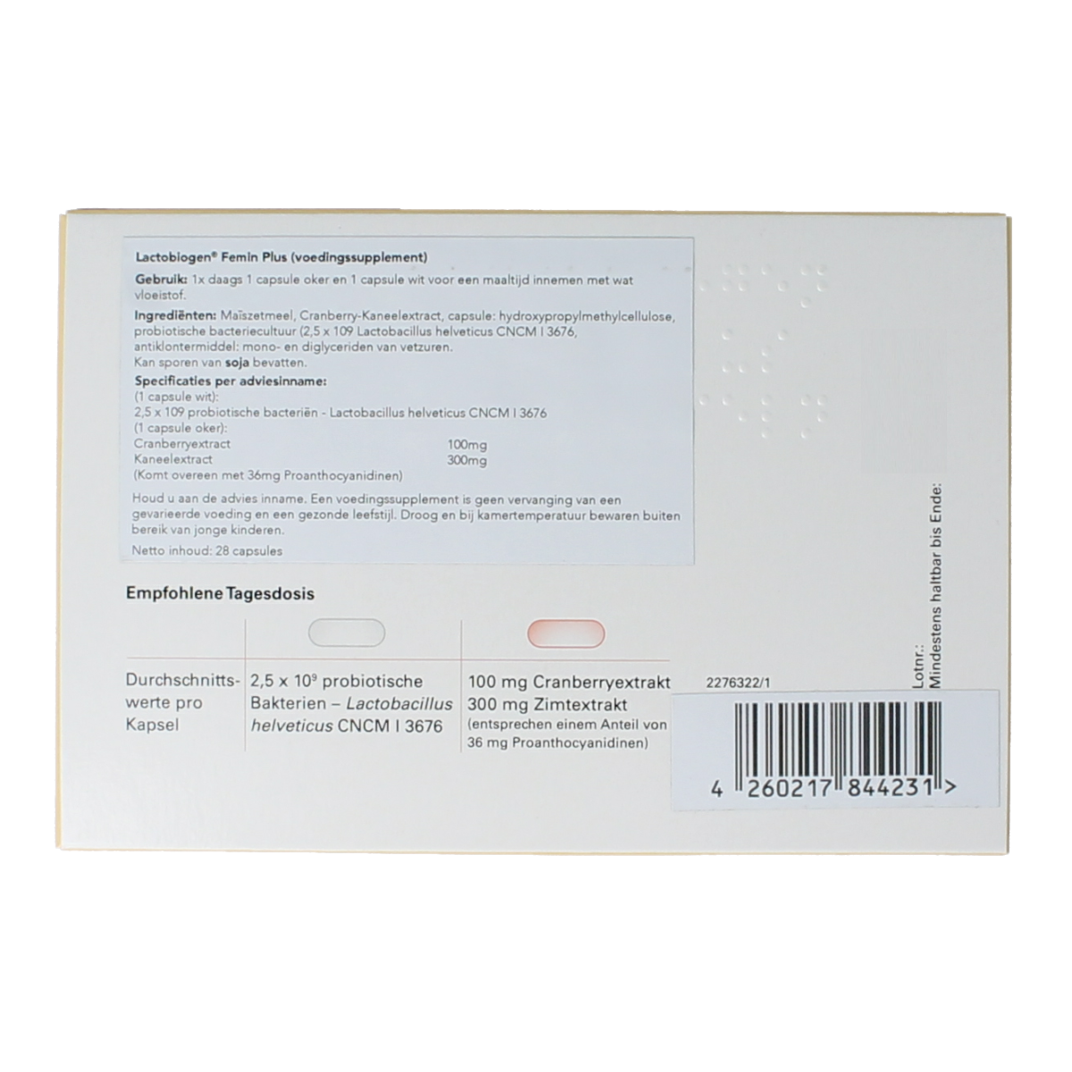 Laves Lactiobiogen Femin Plus probiotic capsules with micro-organisms for women's digestive and vaginal health.
