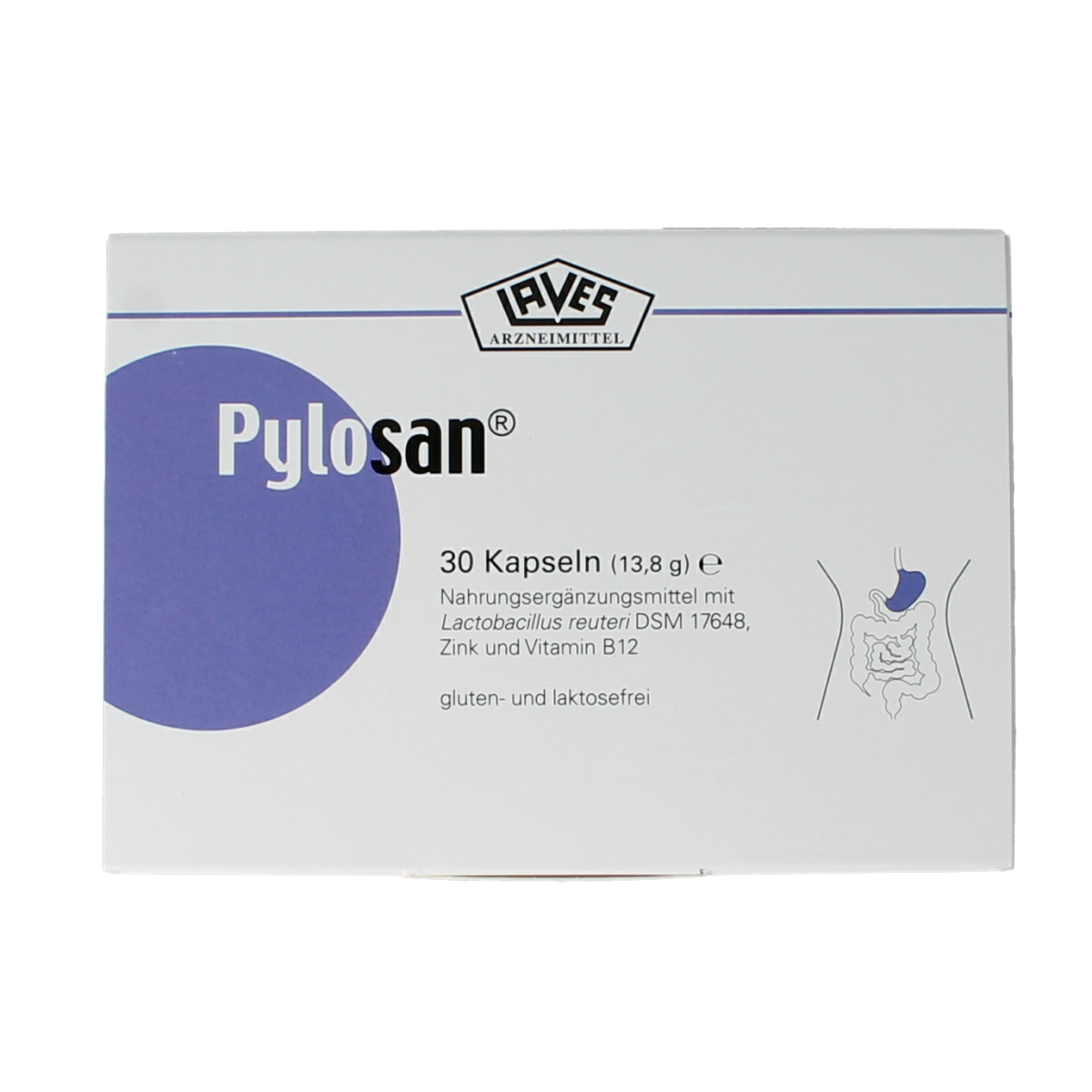 Laves Pylosan 30 capsules containing micro-organismen, dietary supplement in a blister pack with capsules visible.
