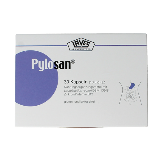 Laves Pylosan 30 capsules containing micro-organismen, dietary supplement in a blister pack with capsules visible.