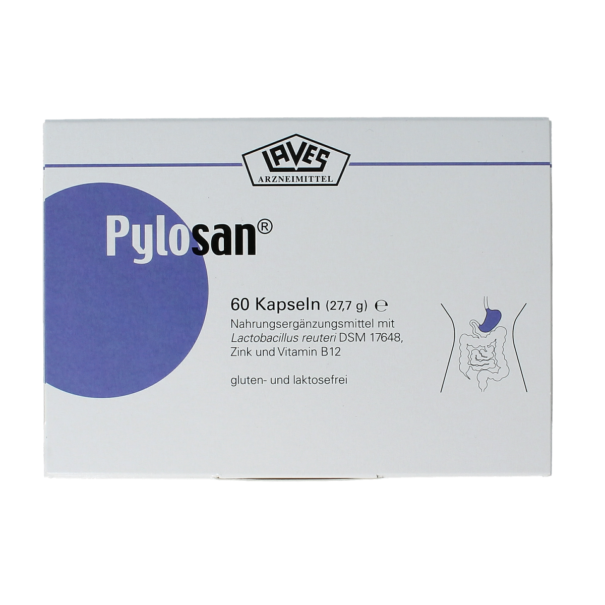 Laves Pylosan 60 capsules containing micro-organisms for digestive health, shown in the image.