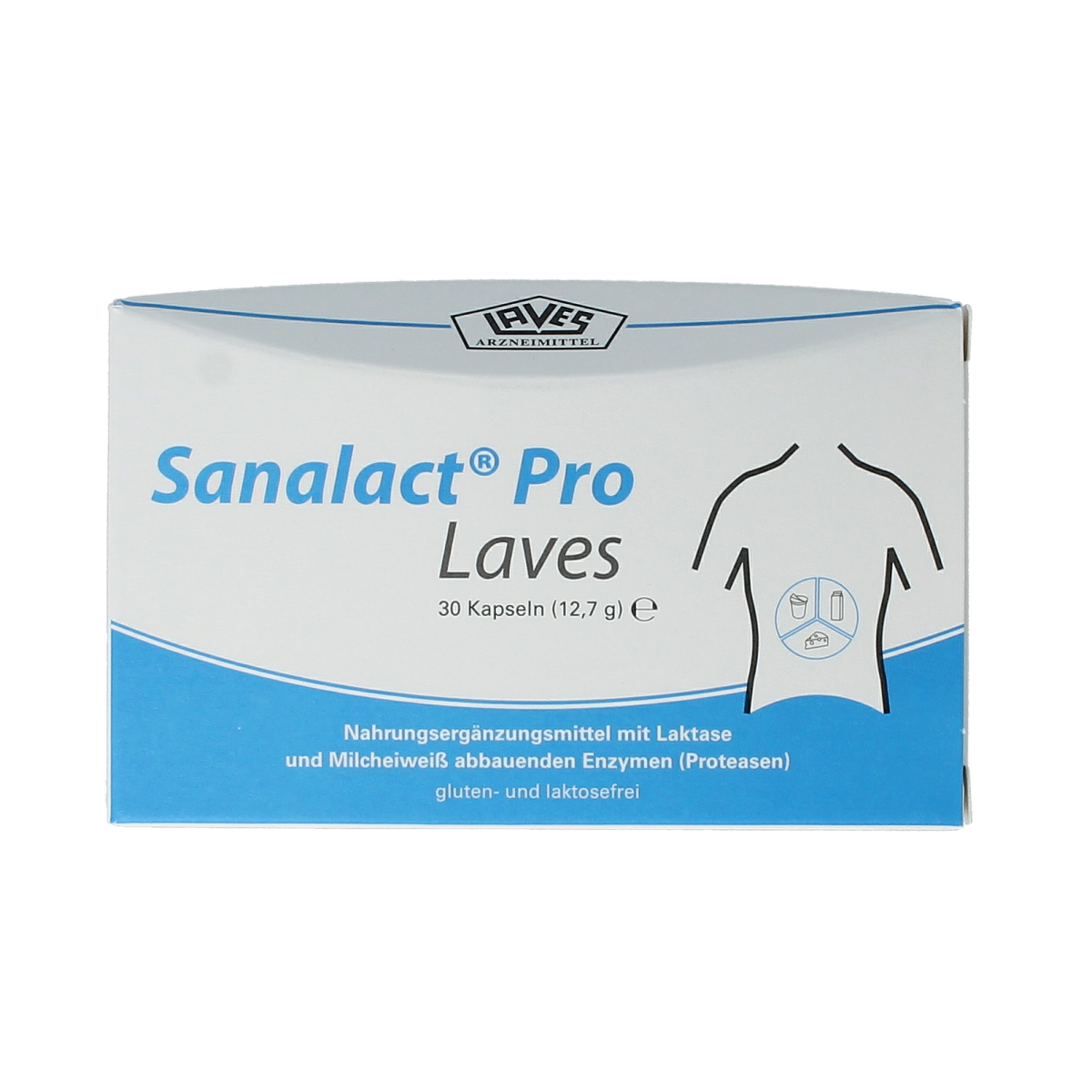 Laves Sanalact pro 30 capsules of fiber and enzymes, showing the supplement bottle with white capsules and label.